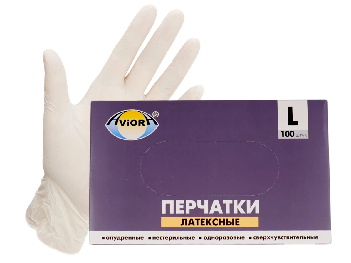 Перчатки латексные опудренные Aviora, упаковка 50 пар, белые, размеры: S, M, L