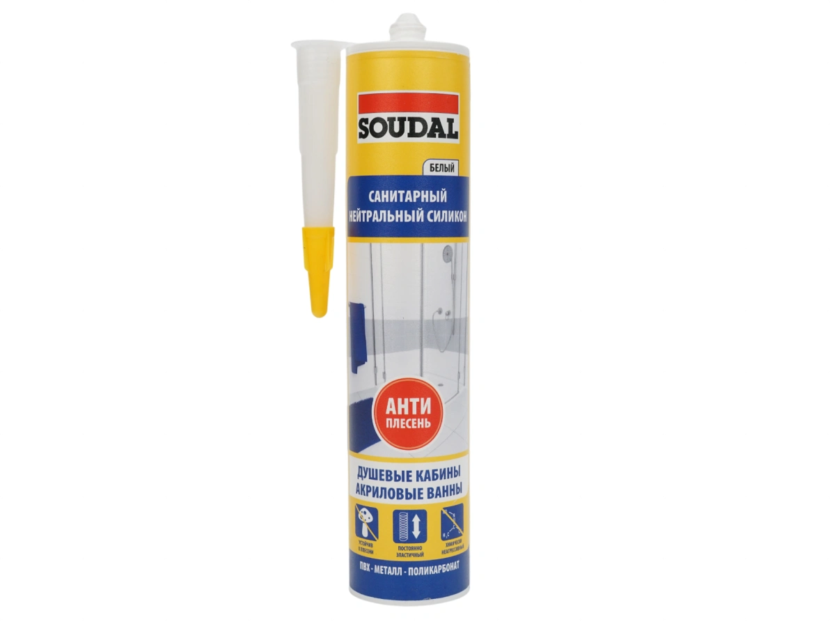 Герметик силиконовый санитарный нейтральный SOUDAL, 280 мл, белый/прозрачный