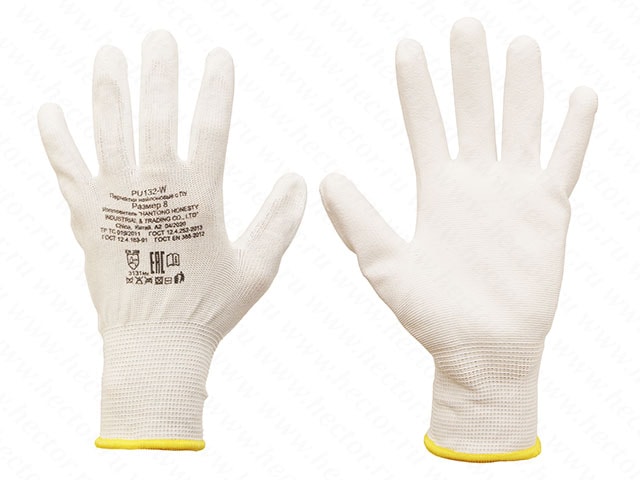 Перчатки нейлоновые с ПУ, белые, размеры: 8, 9, 10